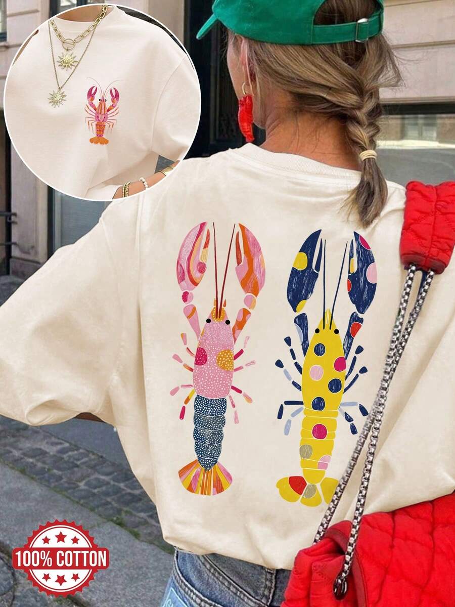 Women's T-Shirt With Themed Print, Women's Spring And Summer Clothing, Playful Style With Polka Dot Cartoon Fun Print, Casual, Elegant Top. - Apricot - View 1