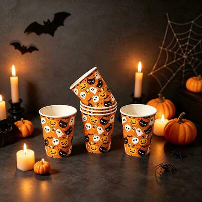 Halloween Paper Cups With Star Pattern, Black Orange Disposable Party Drinkware For Hot & Cold Beverages, Perfect For Halloween Parties, Kids School Events, Birthday Celebrations, Holiday Gatherings, Dessert & Snack Serving