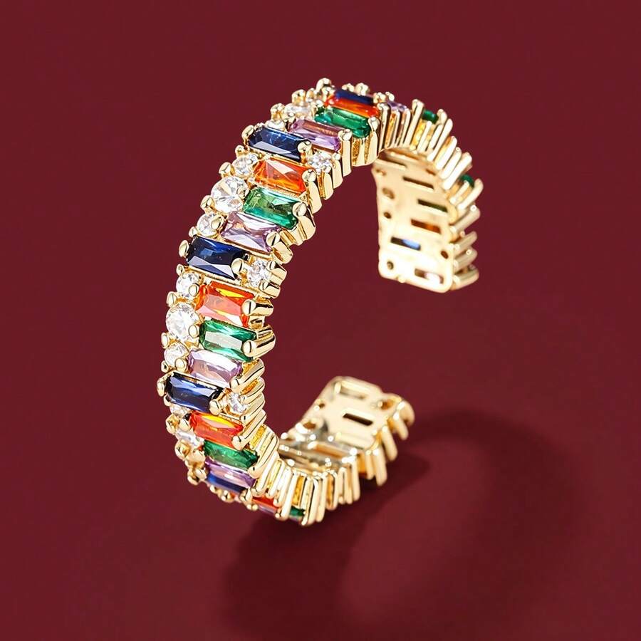 1pc Fashionable Step Cut & Square Shaped Rhinestone Detail Adjustable Open Ring - Gold - View 1