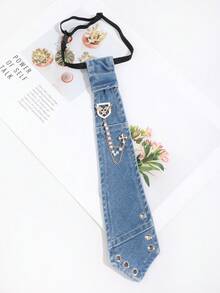 1PC Fashion Versatile Unisex Denim Style Detachable Faux Rhinestone Pearl Chain Wing Small Round Hole Decor No-Tie Denim Necktie Suitable For Daily Wear, Shopping, Party, Travel, Dating - Blue - View 2