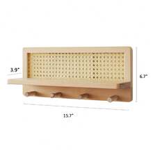 Wooden Wall-Mounted Storage Shelf With Woven Decoration And Hooks - Wooden Shelf, Key Holder With Storage, Wall-Mounted Organizer With 4 Hooks, Suitable For Entryway, Hallway, Kitchen, Office - Rustic Home Decor, Easy To Install, PE Rattan Wall-Mounted Coat Rack With 4 Hooks, Decorative Coat Rack With Floating Shelf, Suitable For Entryway, Living Room, Kitchen, Hallway, Bedroom And Office - Standard - View 4