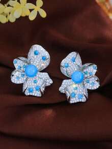 1 Pair Women Boho Silver Plated Blue Turquoise Big Flower Stud Drop Earrings Cubic Zirconia Jewelry Accessories For Brides Bridesmaids Wedding Party Prom - Blue - View 11