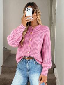 SEREN Comfortable Women's Pink Cardigan, Long Sleeve Regular Fit Crew Neck Sweater, Button Front Design, Suitable For Autumn - Pink - View 1