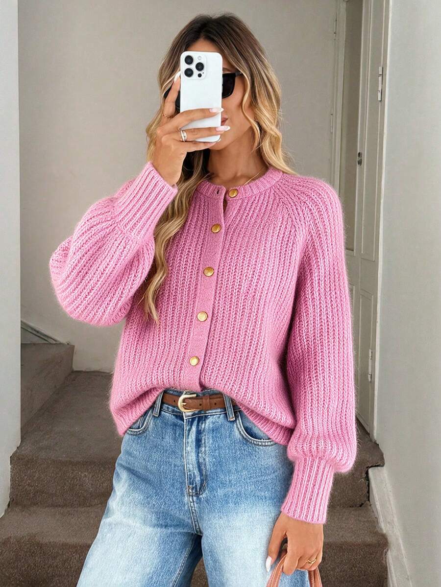SEREN Comfortable Women's Pink Cardigan, Long Sleeve Regular Fit Crew Neck Sweater, Button Front Design, Suitable For Autumn - Pink - View 1