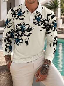 Men's Light-Colored Ink Wash Floral Print Vacation Style Long Sleeve Polo Shirt - Multicolor - View 2