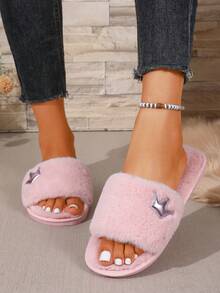 Women's Light Pink Plush Slippers, Small Crown Pattern Decor Open Toe Fuzzy House Slippers, Comfortable Indoor Outdoor Warm Flat Shoes - Pink - View 4