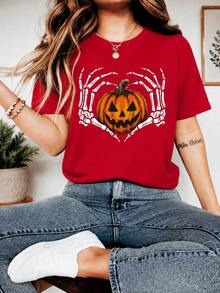 Women's Casual 2026 Halloween T-Shirt With Pumpkin, Skeleton And Heart Print, Short Sleeve, Crew Neck, Autumn Fashion Top Made Of Cotton, Perfect Gift - Red - View 1