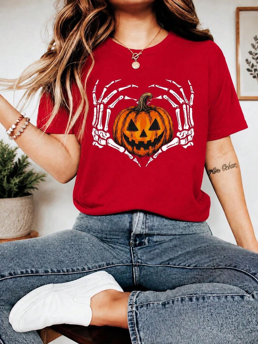 Women's Casual 2026 Halloween T-Shirt With Pumpkin, Skeleton And Heart Print, Short Sleeve, Crew Neck, Autumn Fashion Top Made Of Cotton, Perfect Gift - Red - View 1