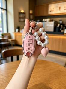 1PC Fabric Cherry Faux Pearl Heart Beaded Key Cover Compatible With Nissan Sylphy Bluebird Teana X-Trail Qashqai Kicks Key Shell Durable Soft TPU Ideal Gift (Accessory Position Random, Key Not Included) - Multicolor - View 4