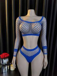 內衣套裝/角色扮演服裝，吊帶背心、魚網連身褲 2 件組睡衣比基尼 - 藍色 - 查看 1