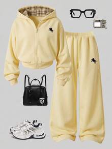 Tween Girls Autumn/Winter Casual Sports Set, Plaid Lining Hooded Zip-Up Light Yellow Thermal Lined Thick Sweatshirt Jacket With Loose Sweatpants, Pony Print Warm Set - Yellow - View 6