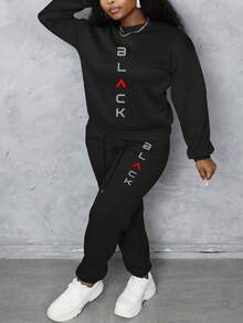 Women's 2 Pieces Loungewear Set, Letter Print Drawstring Hoodie & Sweatpants Set, Casual Long Sleeve Loungewear Set, Suitable For Home Wear, Outdoor Sports And Winter Wear - Black - View 4