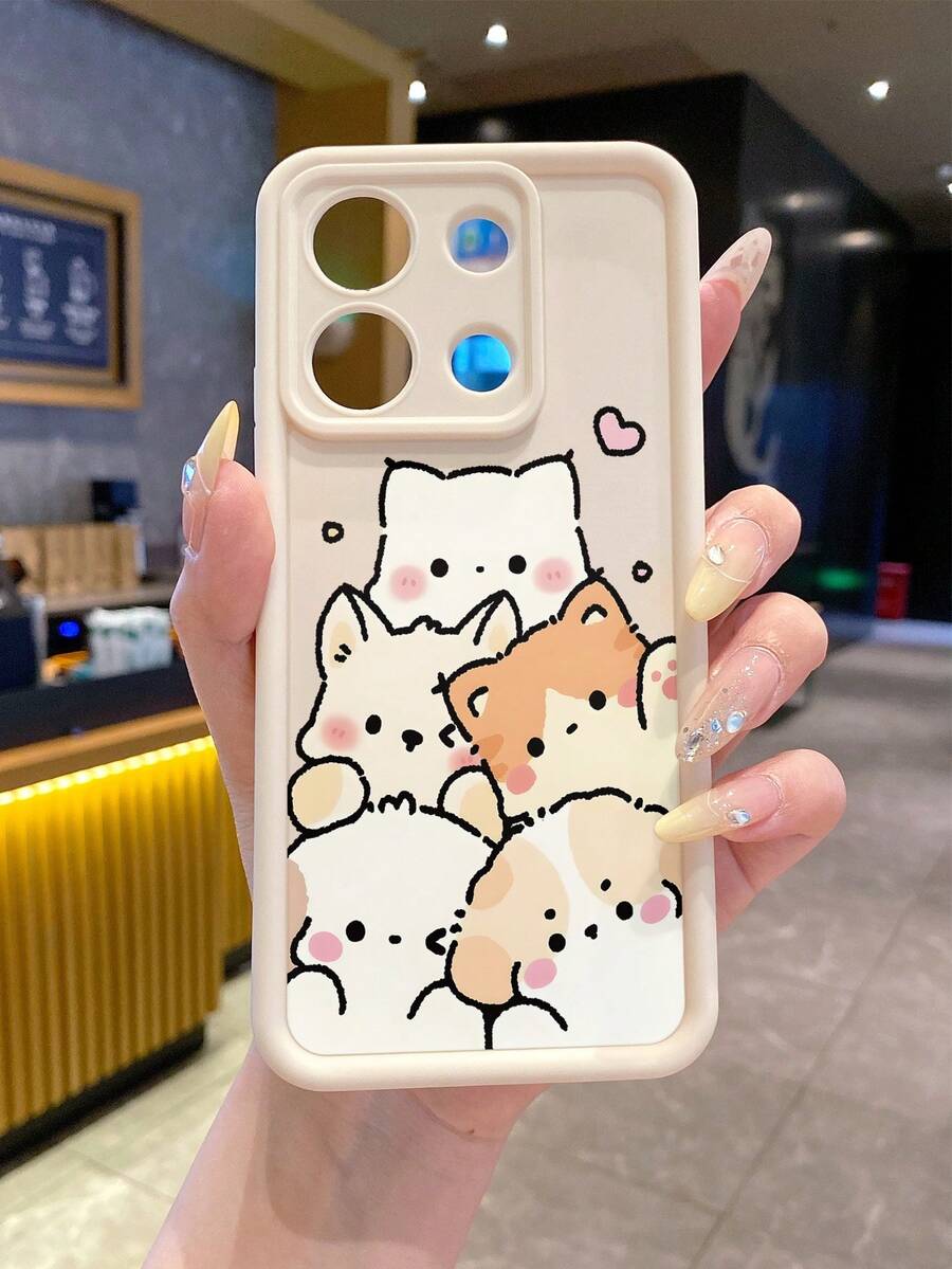 1pc Fashion Pure Android TPU Material Stacked Cat & Dog Element Pattern Lens Protection Thick Anti-Fall Anti-Fingerprint Beige Diamond Sand Phone Case Suitable For Samsung/Transsion/HONOR/ - Beige - View 1