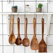 5pcs Wooden Cooking Utensil Set, Natural Wood Spoons And Mixer Set, Suitable For Non-Stick Pans & Pots - Brown - View 5