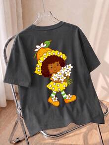 T-Shirt, Cute Orange Flower Print Loose Casual T-Shirt, Suitable For Daily Sweet Girl Style - Grey - View 1