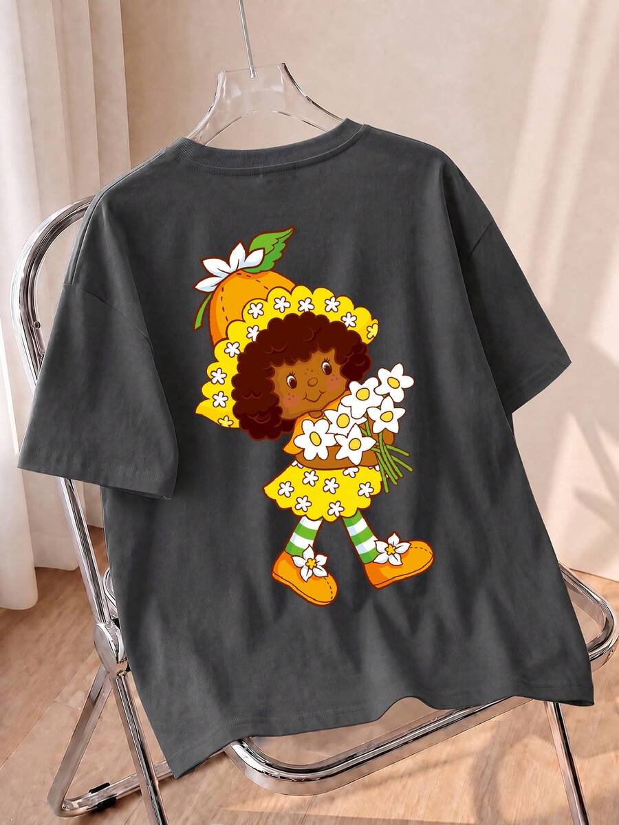 T-Shirt, Cute Orange Flower Print Loose Casual T-Shirt, Suitable For Daily Sweet Girl Style - Grey - View 1
