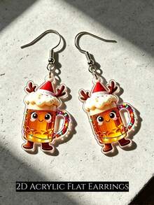 2D Cute Christmas Beer Mug Dangle Earrings, Cartoon Wine Glass With Christmas Hat And Deer Antlers Acrylic Pendant Earrings, Fun Christmas Party Women's Jewelry Gift - Christmas Beer Mug - View 6