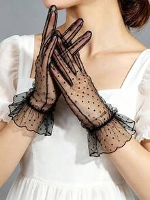 قفازات شبكية بنقاط بولكا قابلة للتنفس مزينة باللؤلؤ والراينستون - أبيض - مشاهدة 6