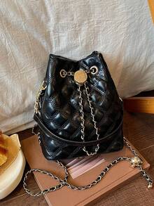 Nicekee Diamond Patterned Drawstring Bucket Handbag With Thin Chain And Metal Accessories, Suitable For Daily Outings, Dates, Gatherings And Commuting - Black - View 8