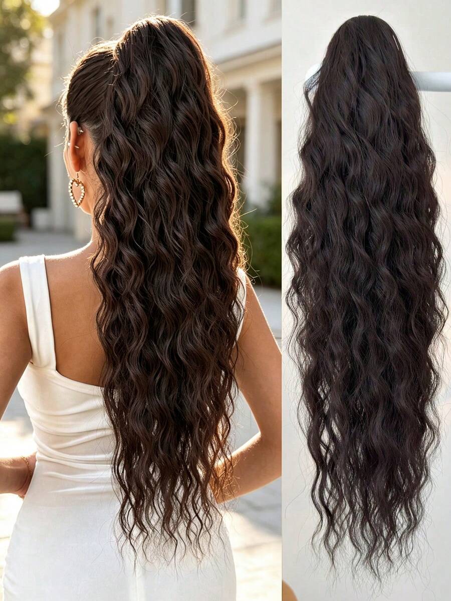 Extensión de cola de caballo de 28 pulgadas de color marrón oscuro, de fibra sintética con ondas de agua, adecuada para mujeres y niñas para uso diario y fiestas