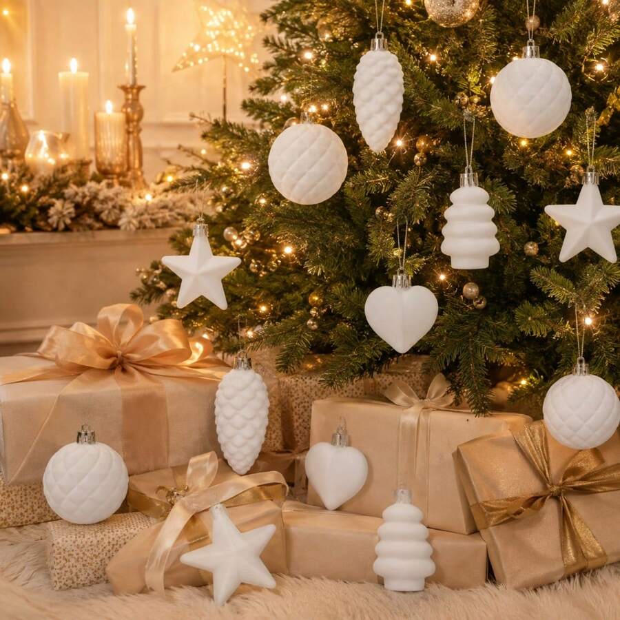 10Pcs Flocked Ornaments For Christmas Tree Holiday Hanging Decorations - White - View 1