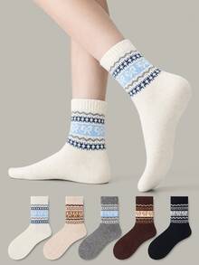 ZUJO 3 Pasang Kaos Kaki Wanita Setengah Betis, Motif Pita dan Fair Isle, Hangat, Lembut, dan Bernapas, Cocok untuk Pemakaian Sehari-hari di Musim Gugur/Dingin, Warna Acak - MultiWarna - View 1