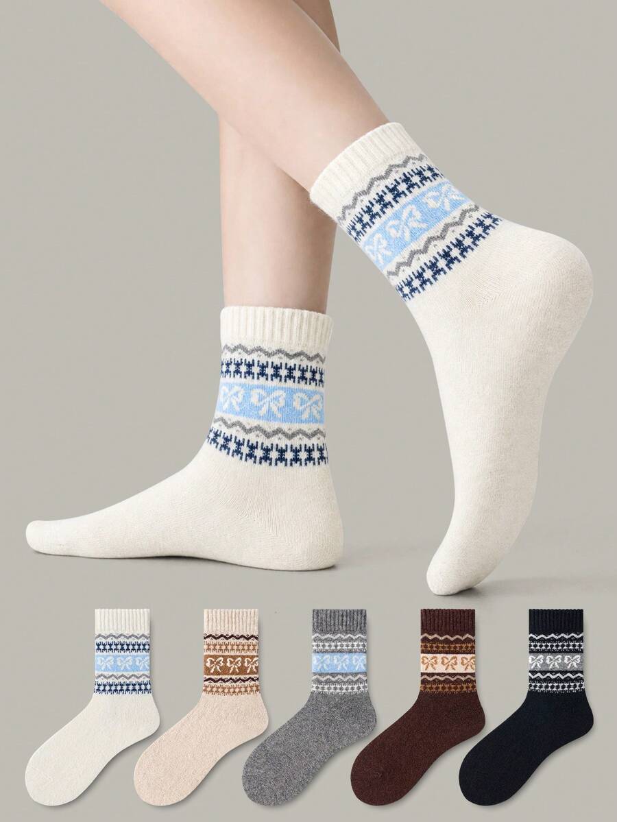 ZUJO 3 Pasang Kaos Kaki Wanita Setengah Betis, Motif Pita dan Fair Isle, Hangat, Lembut, dan Bernapas, Cocok untuk Pemakaian Sehari-hari di Musim Gugur/Dingin, Warna Acak - MultiWarna - View 1