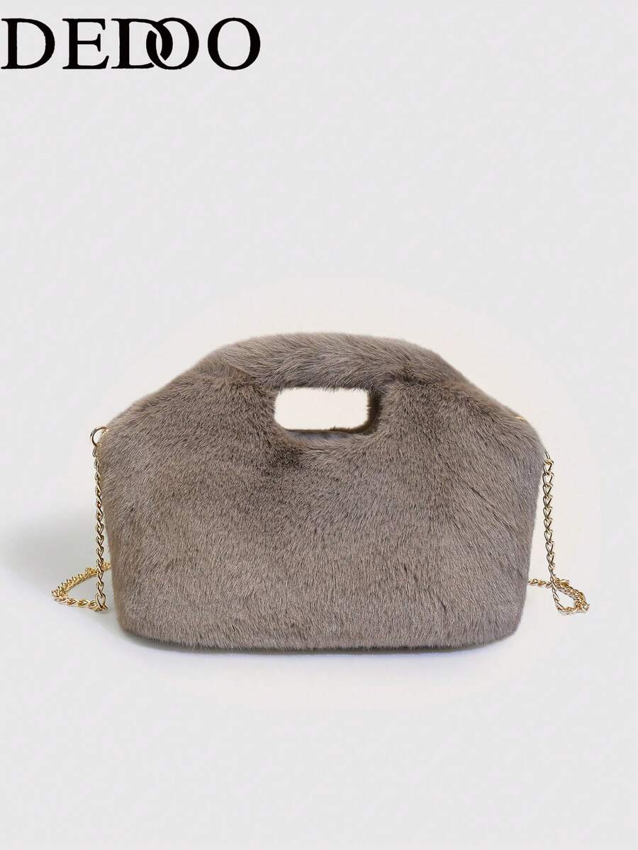 Dedoo Women Furry Handbag,Shell Shape,Solid Color,Faux Mink Fur,Hollow Handle,Gold Chain,Crossbody,Chic Lady Style,For Autumn Winter,Party Dating For Ladies