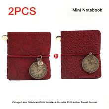 `2‑Pack Retro Lace Embossed PU Leather Pocket Notebook, Mini Portable Travel Journal With Watch Pendant Decor, Vintage Diary Notepad For Handmade Junk Journal` - Multicolor - View 13