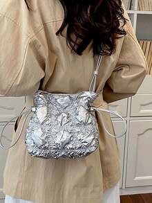 Women's Ruched Textured Bucket Bag With Adjustable Thin Shoulder Strap, Loose Multi-Compartment Storage, Drawstring Closure, Niche Style, Versatile Crossbody Shoulder Bag For Daily, Dating, Party, Travel, Shopping And Casual Wear - Silver - View 7
