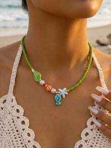 1pc Sweet Ocean Style Blue Fish, Faux Pearl, Seashell & Starfish Patchwork Necklace, Versatile Niche Collarbone Chain For Women, Summer Vacation Girly Neck Accessory - Green - View 2