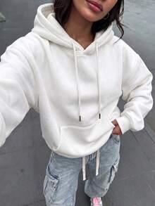 Women's White Loose Comfortable Hooded Sweatshirt, Warm Lining Drawstring Pullover, With Pockets, Suitable For Autumn/Winter Wear - White - View 3