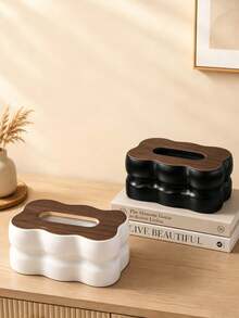 1pc Household Plastic Tissue Box With Cloud-Shaped Wooden Lid, Minimalist Desktop Storage Organizer, Solid Color, Soft Touch Texture, Casual Home Style, Suitable For All Seasons, For Adults, Ideal For Dining Room, Living Room, Bathroom Desktop Organization - Multicolor - View 3
