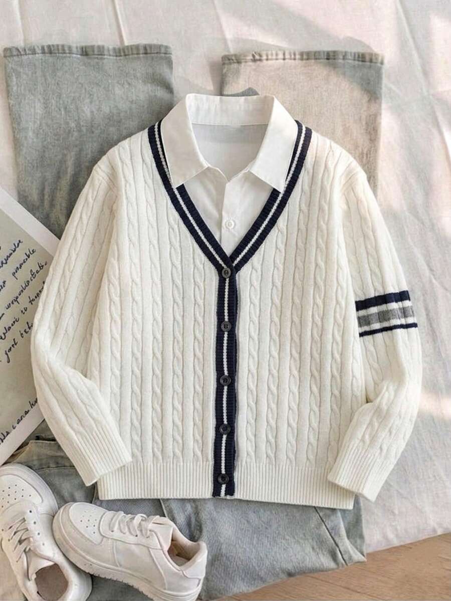 Cardigan Rajut Leher V Lengan Bergaris Warna-warni Gaya Mahasiswa Laki-laki, Cocok untuk Pakaian Kasual Sehari-hari di Sekolah, Musim Semi, Musim Gugur, Musim Dingin - Putih - View 1