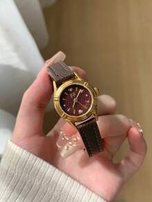 1件咖啡色PU錶帶女款石英手錶，深紅色小圓盤面，適合日常配戴 - 咖啡棕 - 查看 3