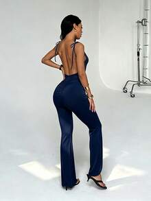 Summer Solid Color Backless Cinched Waist Pleated Design Jumpsuit, Suitable For Commuting, Party, Gym, Concert, Beach And Festival - Navy Blue - View 4