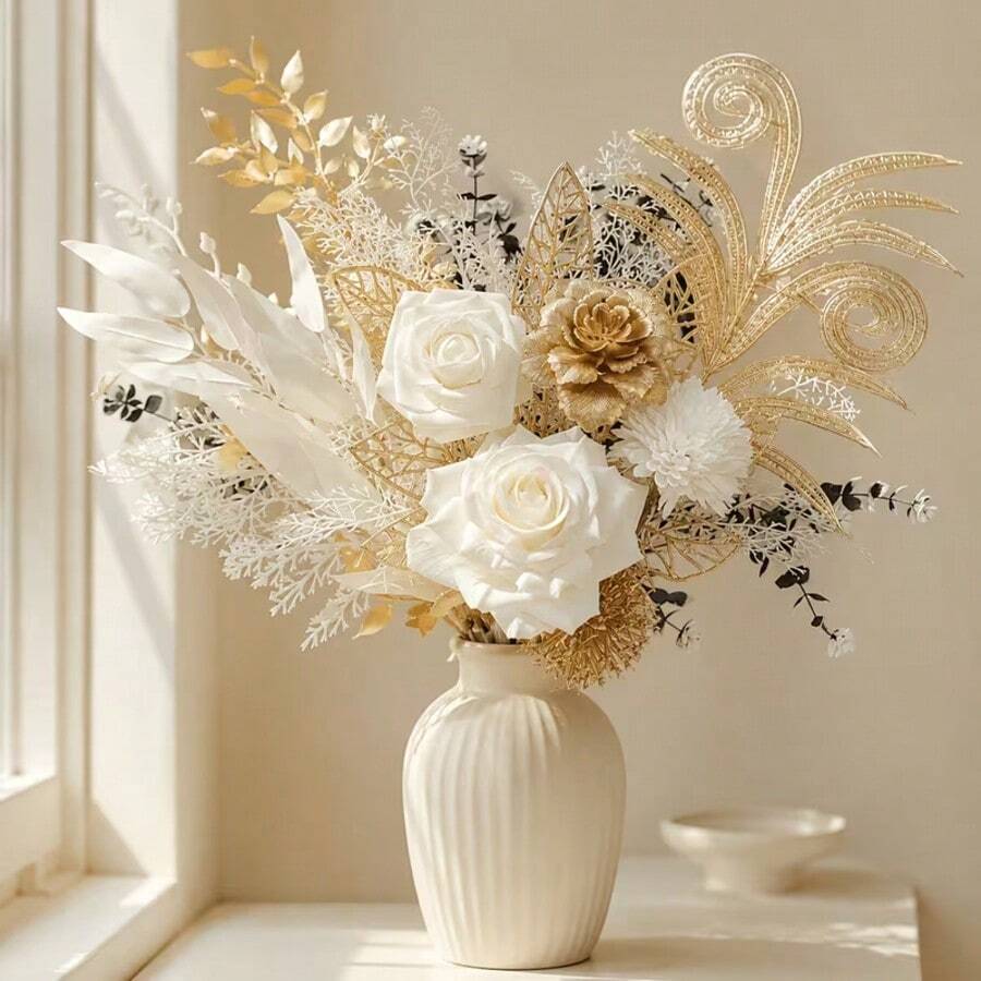 Autumn White & Gold Mixed Floral Artificial Bouquet, Gold Peony/Manta Rose Mixed Color Combination, 10pcs Set, Living Room, Bedroom, Study, Patio Atmosphere Decoration, Holiday Gift (Vase Not Included) - Gold - View 1