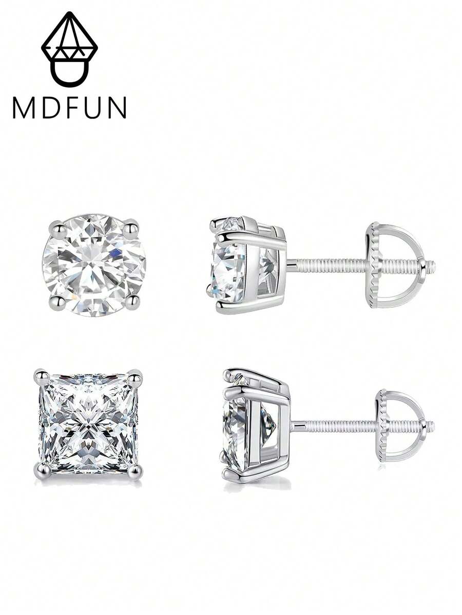 MDFUN 女款/男款螺絲背/耳釘耳環套組，18K白金電鍍公主切/圓形立方氧化鋯低過敏耳環禮品套組
