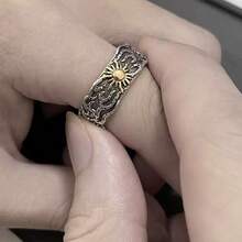 1pc Vintage Distressed Sun Ring, Men's Unique Niche Minimalist Asymmetrical Texture Open Band Ring - Antique Silver - View 3