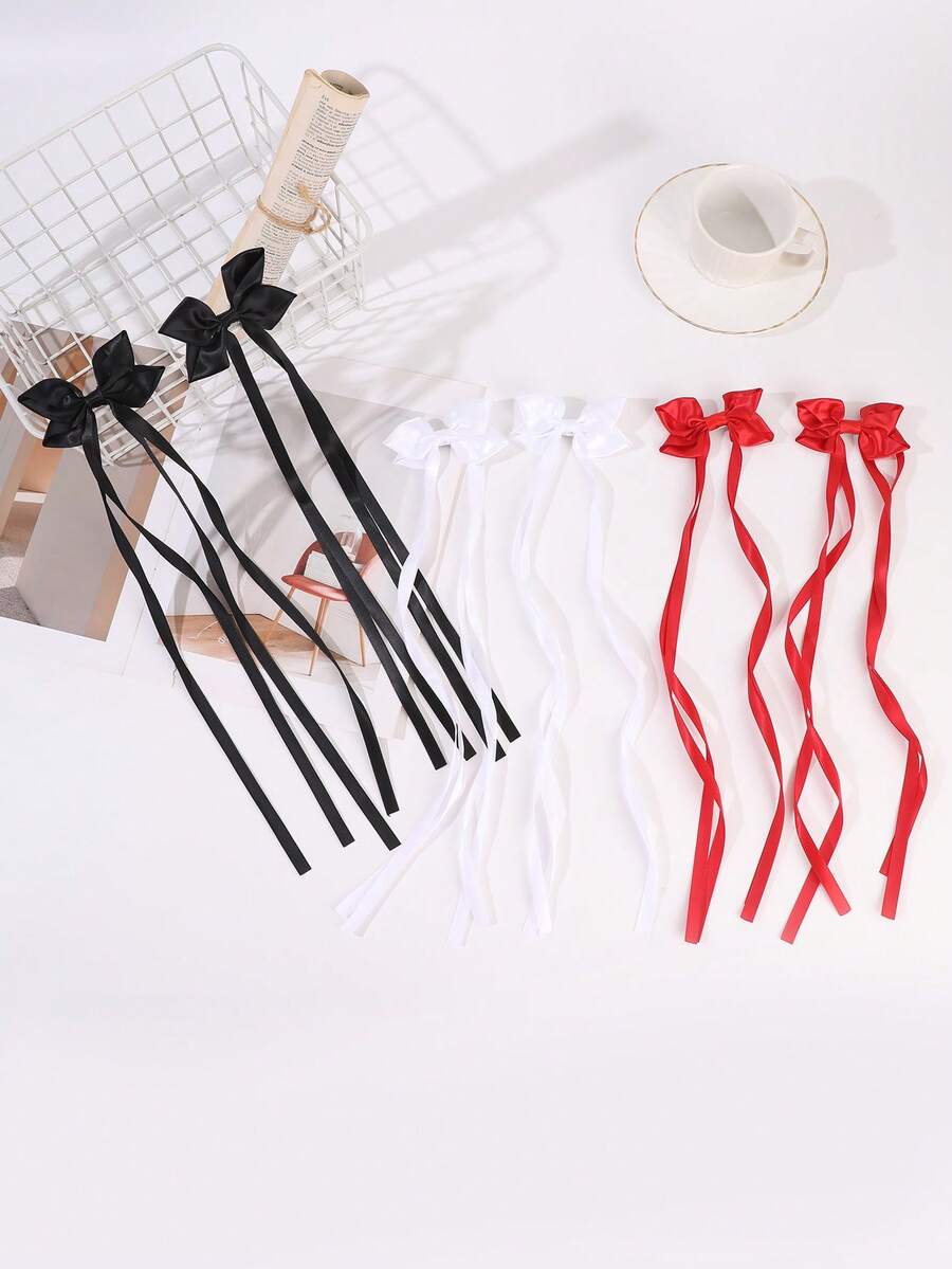 2pcs French Satin Long Ribbon Bow Hair Clips, Versatile Double Ponytail Braided Hair Ribbon Hair Clips, Girl Photo Decoration Hair Accessories - Multicolor - View 1