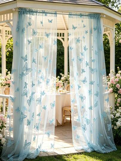 1pc Blue Butterfly Door Curtain, Rod Pocket Mesh Curtain, DIY Fabric, DIY Mosquito Net Curtain, Baby Crib Curtain, Bedroom Door Curtain, Wall Decor Backdrop, Baby Room Decor, Baby Shower Supplies, Bridal Shower, Wedding Arch Fabric, Girl Birthday Gift, Party Favor, 1st Birthday, Home Decor, Living Room Decor, Butterfly Decoration