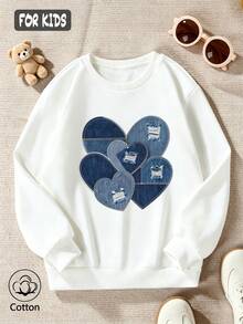Girls' Cotton Top, Printed, Comfortable, Relaxed-Fit Dropped-Shoulder Sweatshirt, Round-Neck Oversized Sweatshirt - White - View 3