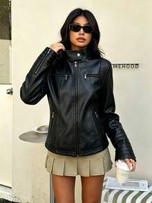 Women's PU Motorcycle Leather Jacket, Spring/Autumn, Stand Collar Zipper Multi-Pocket Quilted Patchwork Slim Fit Short Style, Streetwear Daily Commute Outdoor Outfit, Cool Slimming Durable Windproof Sports Jacket - Black - View 2