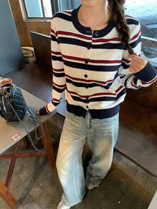 Women's Vintage Contrast Color Striped Long Sleeve Cardigan Round Neck Loose Drop Shoulder Versatile Knit Sweater - Multicolor - View 4