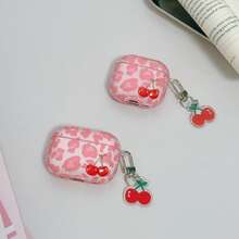 Girl High Transparency Pink Leopard Print Cherry Anti-Drop Earphone Case + Cherry Keychain Pendant Suitable For Apple Airpods4/Pro/Pro2/Pro3 Wireless Bluetooth Earphone Protective Cover - Leopard Print Cherry - View 10