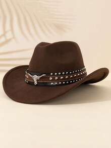 Men Retro Western Cowboy Hat, Bull‑Head Studded Wide Brim Felt Hat, Halloween Christmas Party Costume Accessory - Multicolor - View 14