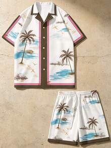 Men's 2 Pieces Tropical Island Print Set, Beach Shirt And Matching Shorts - Multicolor - View 3