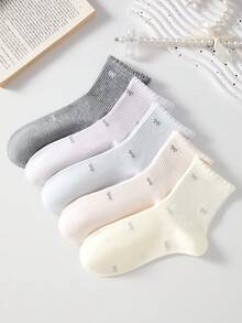 4 Pairs Women's Cute Sweet Romantic Breathable Bow Pattern Short Socks, White Casual Comfortable Mid-Calf Socks, College Style Student Socks, Fashionable Comfortable, Random Color, Suitable For Daily Wear, Spring Summer Autumn Winter All Seasons - Multicolor - View 4