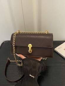 Bolso de hombro de moda de unicolor con cadena en relieve - Marrón Chocolate - Ver 4