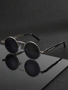 1pc Men's New Metal Round Frame Steampunk Fashion Glasses, Spring Temple Design, Suitable For Outdoor Sports, Cycling, Driving, Fishing, Travel, Beach Vacation - Multicolor - View 4